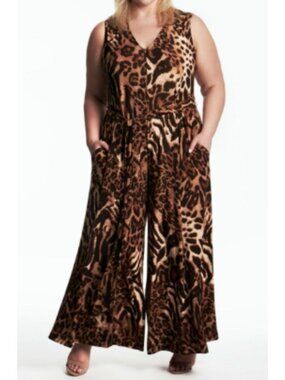 Coldesina Animal Print Relaxed Fit Wide Leg Jumpsuit Pockets 2x/3x EUC